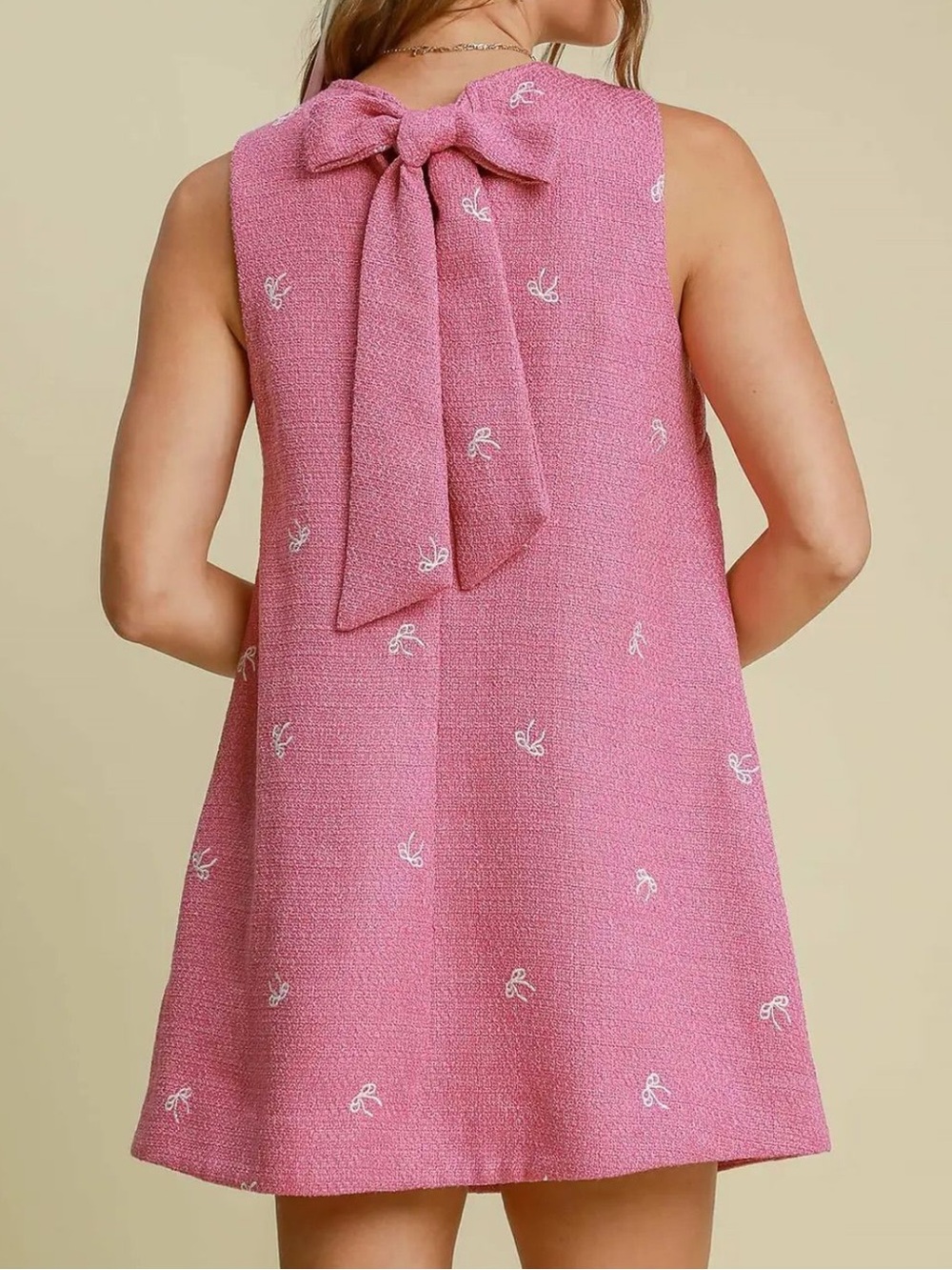 NWT Umgee Pink Tweed Embroidered Bow Dress - Picture 2 of 7